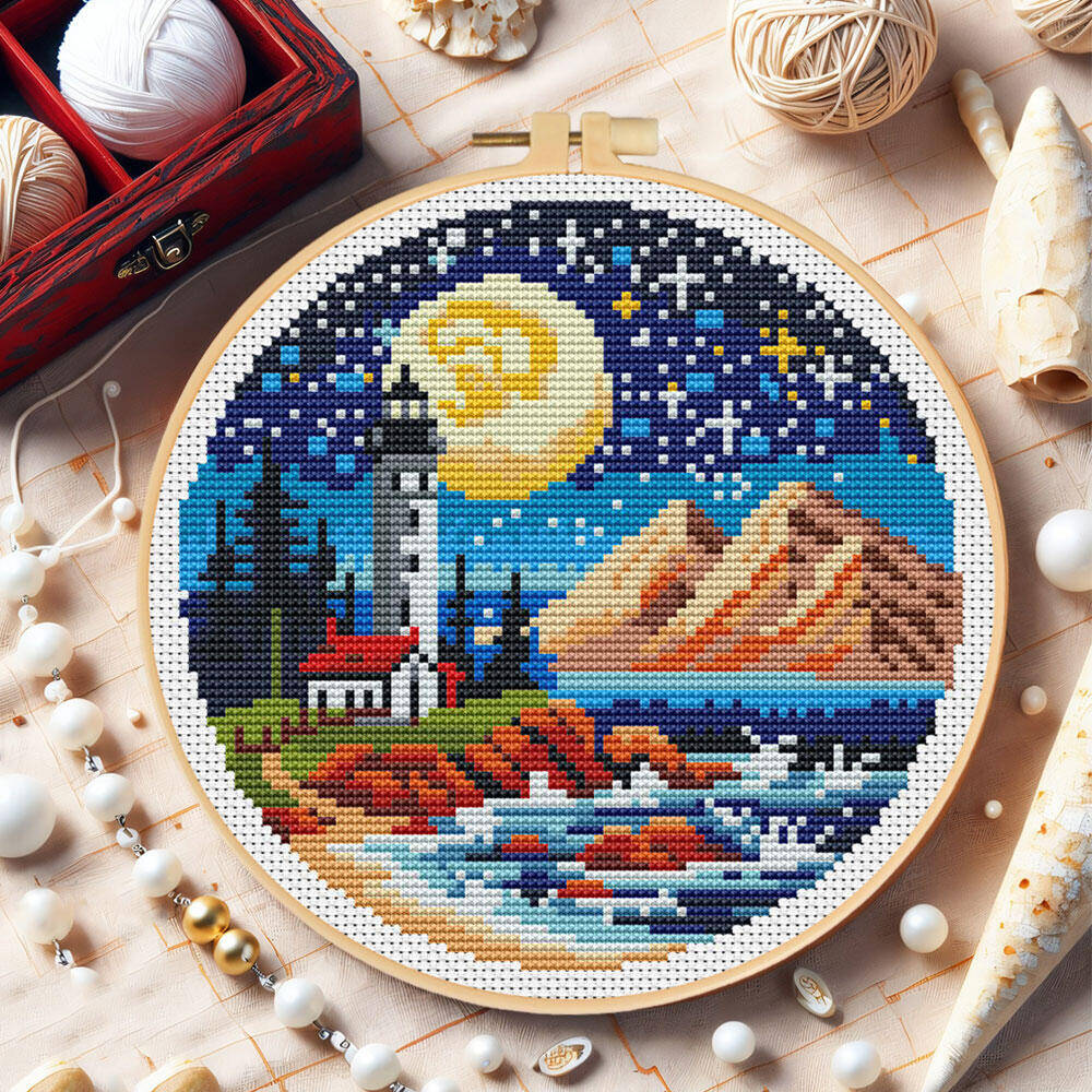 Cross Stitch Lighthouse Sea Mo - Embroidery Hoop Kit 리뷰 및 가격