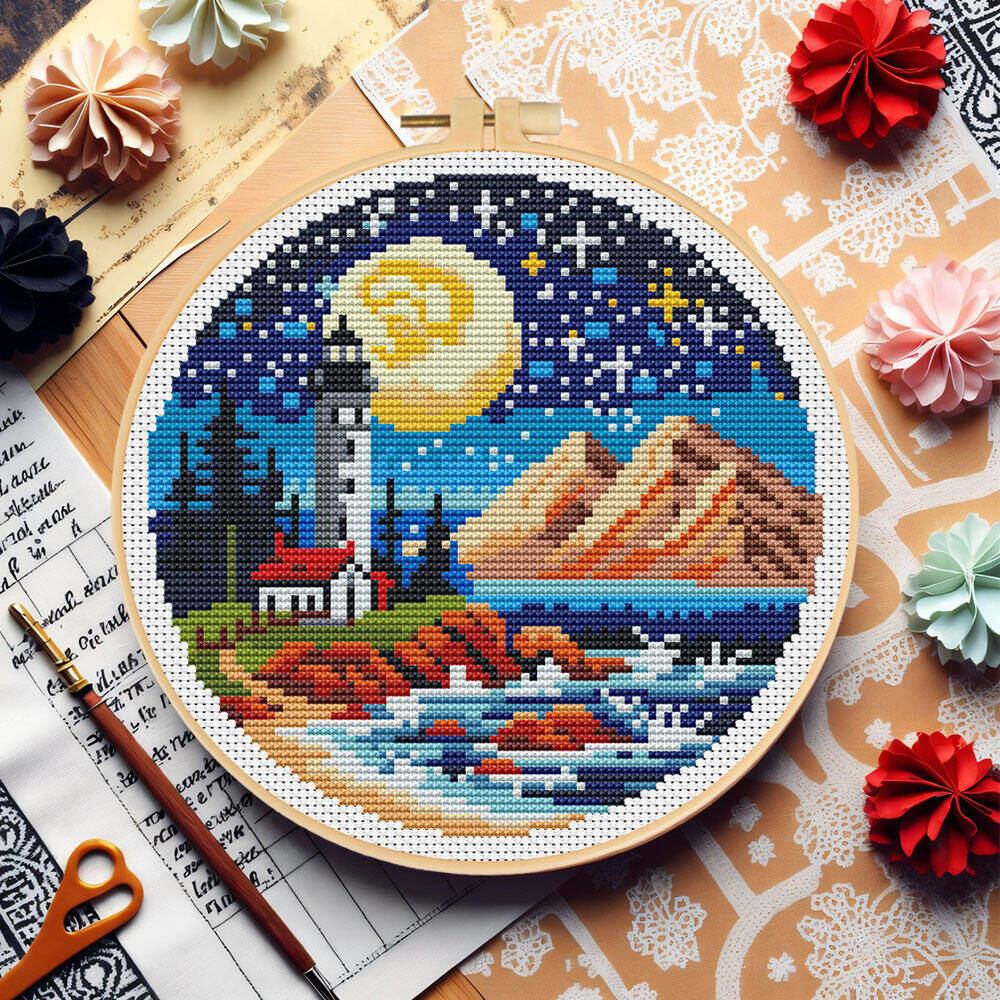 Cross Stitch Lighthouse Sea Mo - Embroidery Hoop Kit 리뷰 및 가격